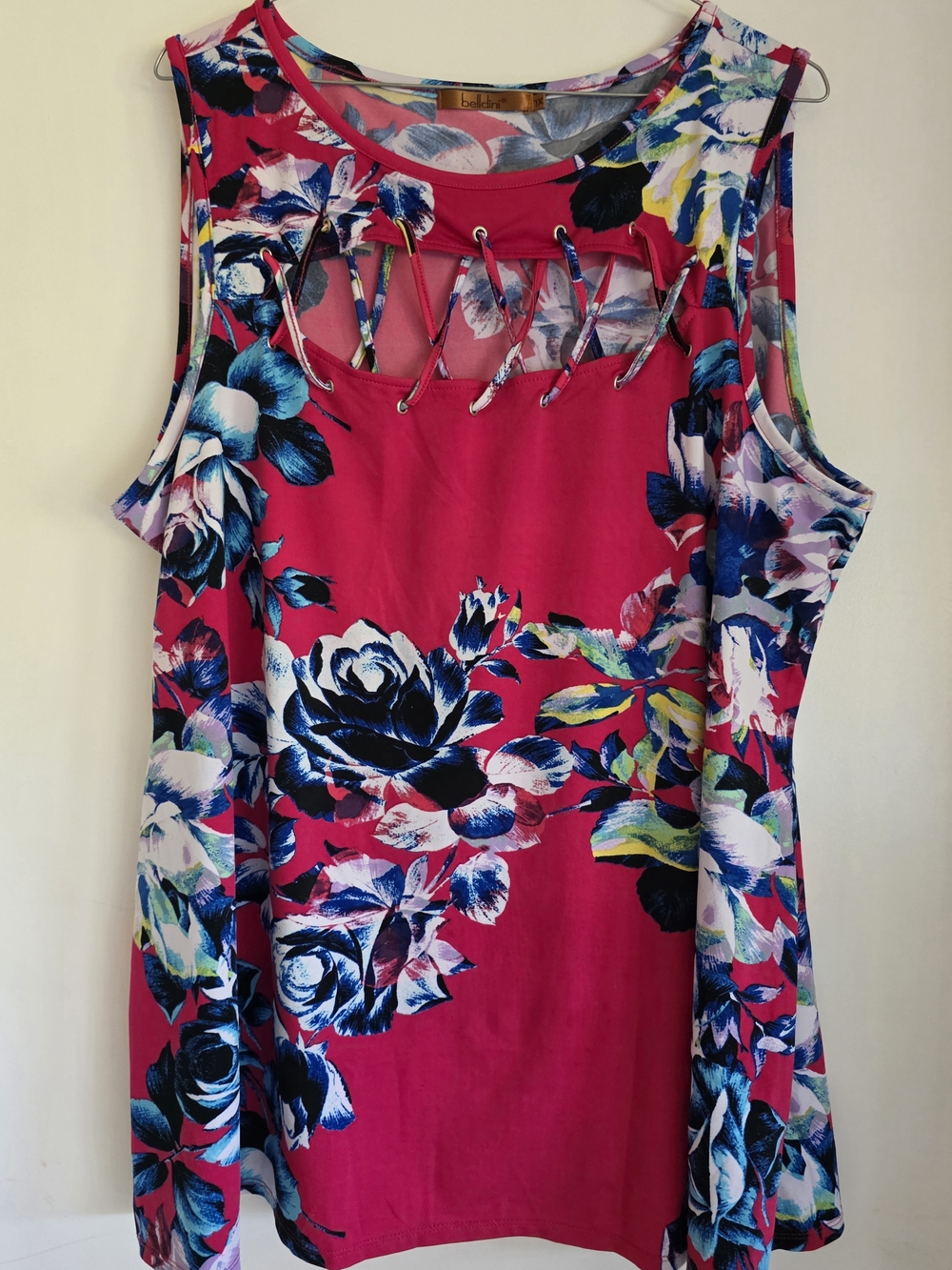 Belldini Pink Floral Lace-Up Neck Top